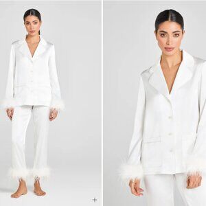 Nadine Merabi Darcie White Feather‑Trim Pajama Set – NWT - Small